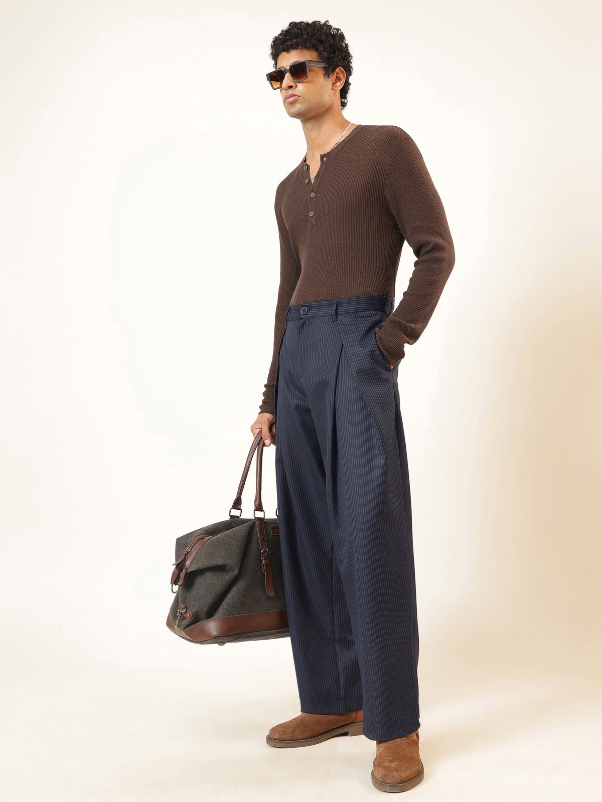 Blue & White Stripe Invert Pleat High Pleat korean Pants-MASCLN SASSAFRAS