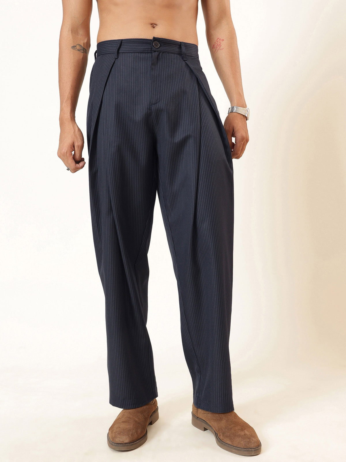 Blue & White Stripe Invert Pleat High Pleat korean Pants-MASCLN SASSAFRAS
