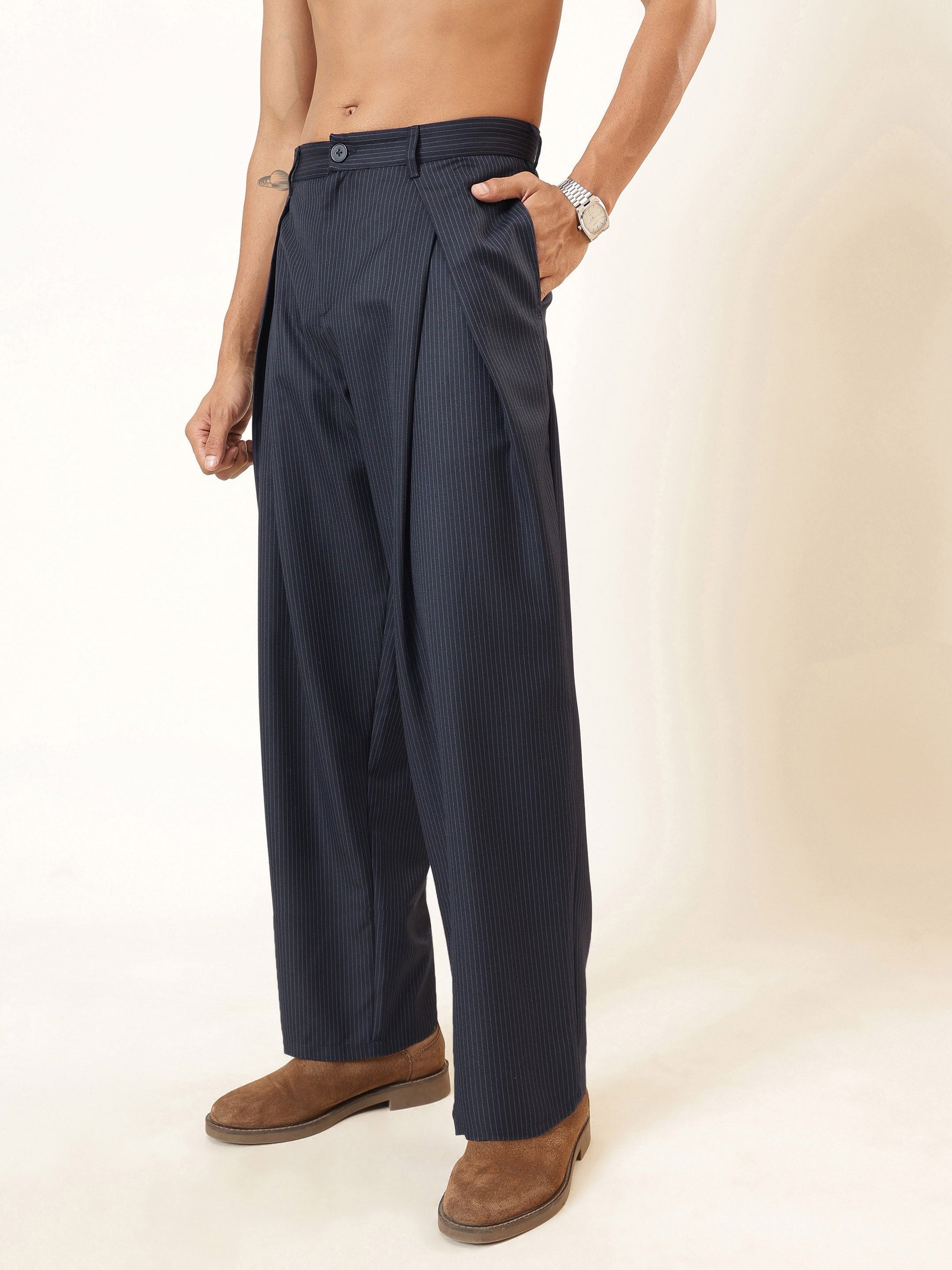 Blue & White Stripe Invert Pleat High Pleat korean Pants-MASCLN SASSAFRAS