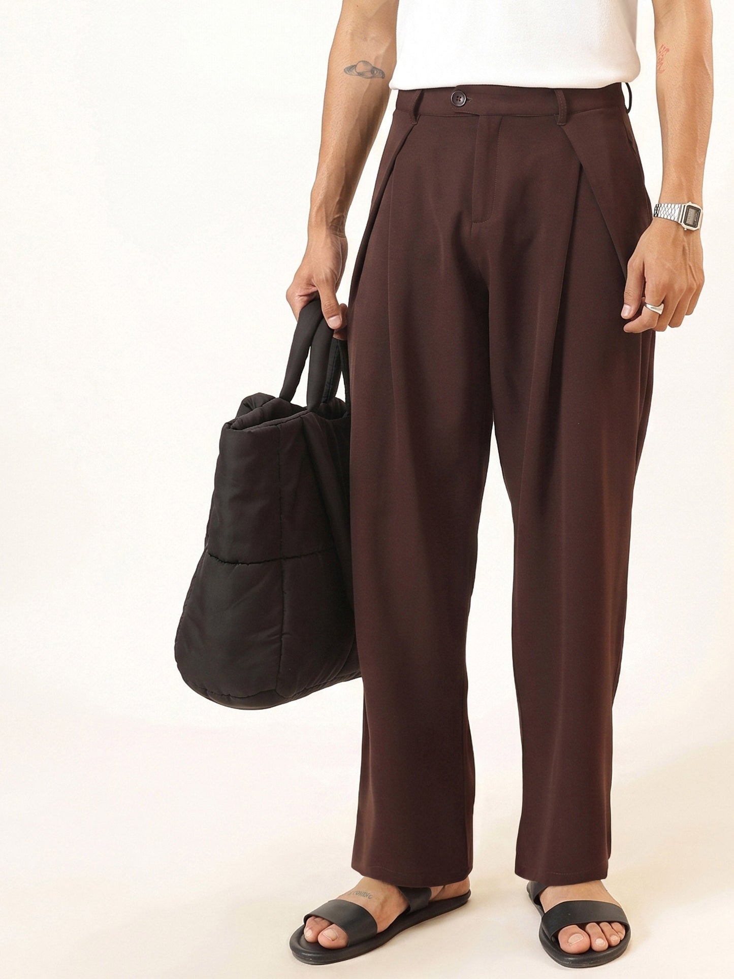 Dark Brown Front Pleat High Waist Korean Pants-MASCLN SASSAFRAS
