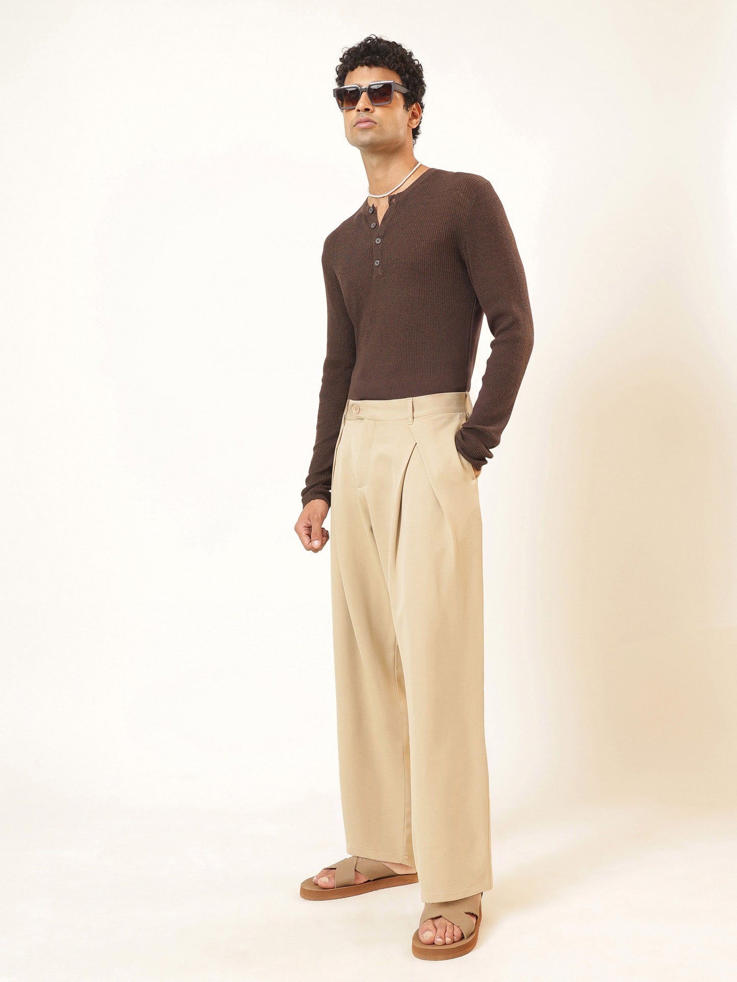 Beige Front Pleat High Waist Korean Pants-MASCLN SASSAFRAS