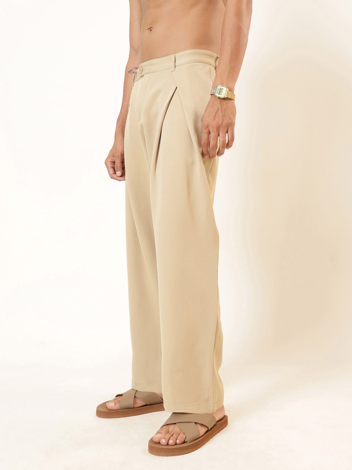 Beige Front Pleat High Waist Korean Pants-MASCLN SASSAFRAS