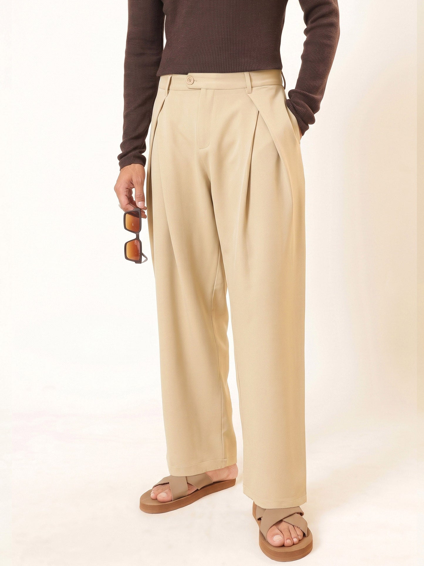 Beige Front Pleat High Waist Korean Pants-MASCLN SASSAFRAS