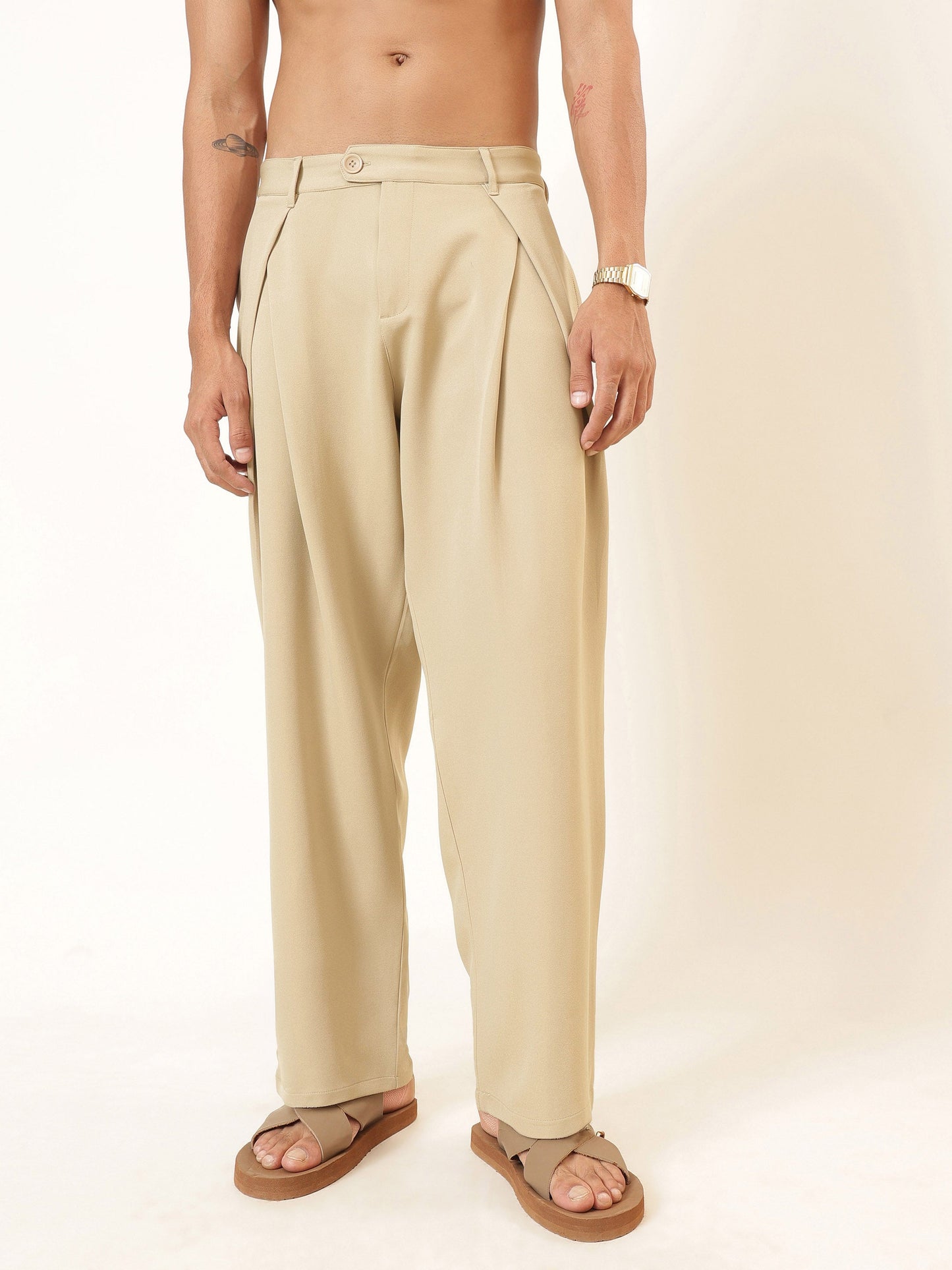 Beige Front Pleat High Waist Korean Pants-MASCLN SASSAFRAS