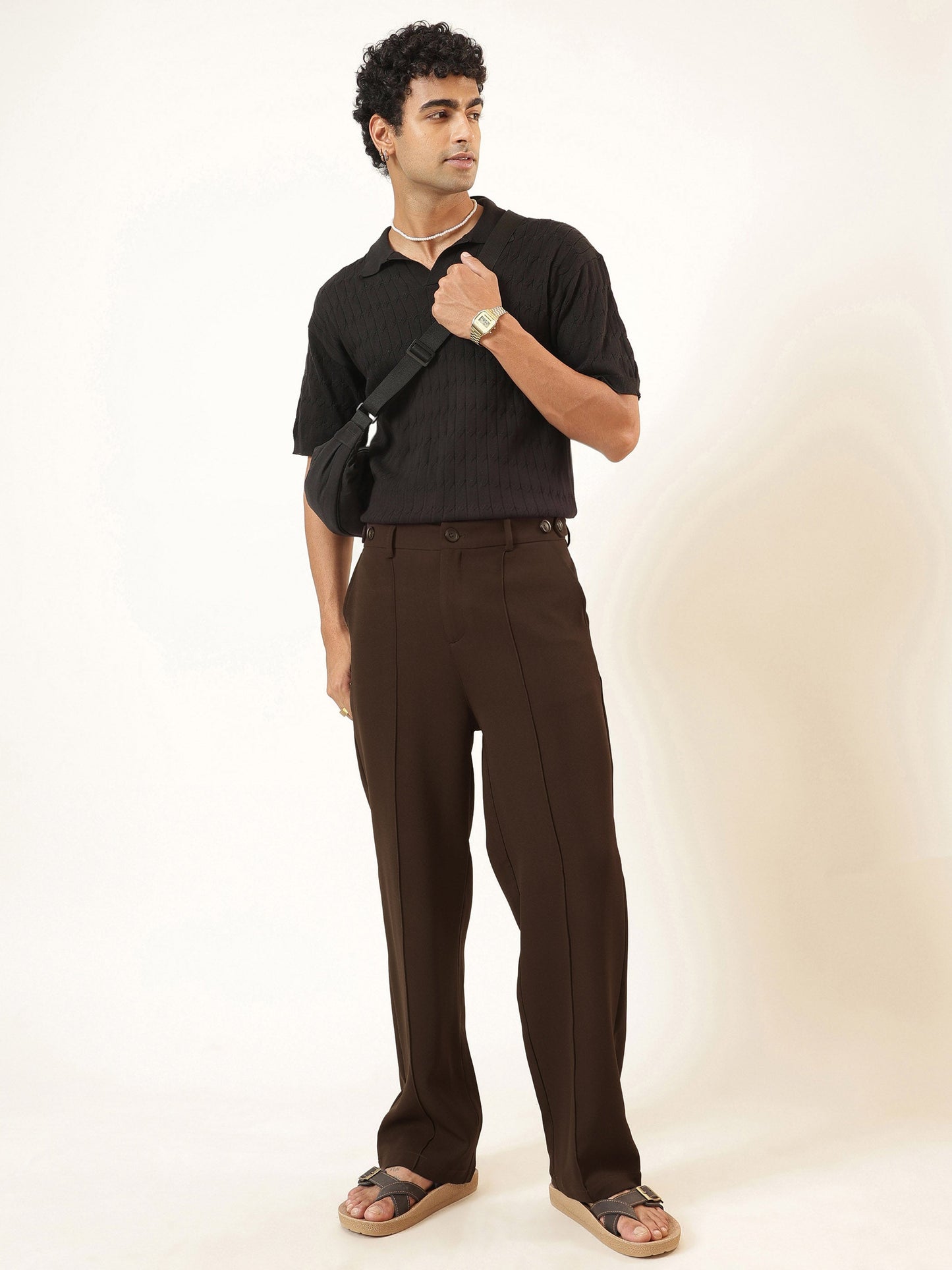 Coco Brown Pintuck Detail High waist Korean Pants-MASCLN SASSAFRAS