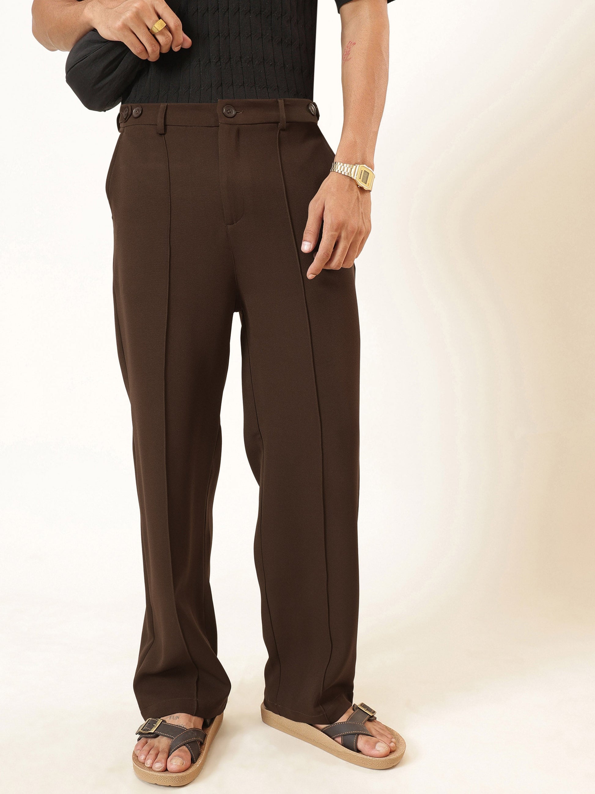Coco Brown Pintuck Detail High waist Korean Pants-MASCLN SASSAFRAS