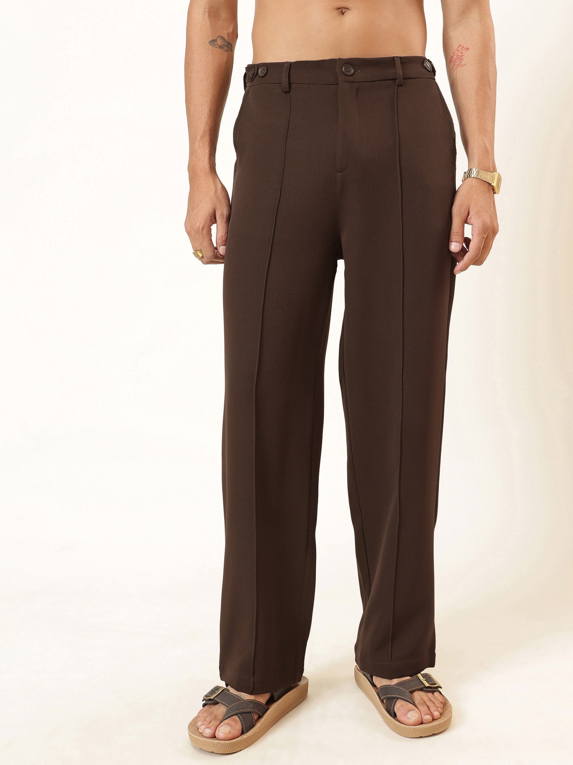 Coco Brown Pintuck Detail High waist Korean Pants-MASCLN SASSAFRAS