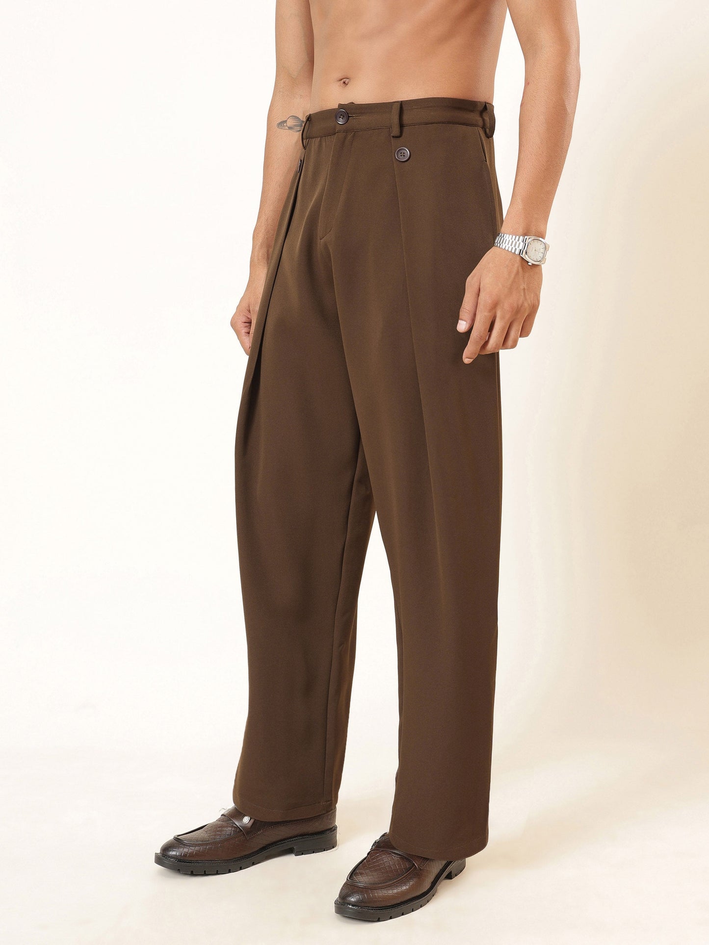Tan Brown High Waist Button Pleat Hight Waist Korean Pants-MASCLN SASSAFRAS