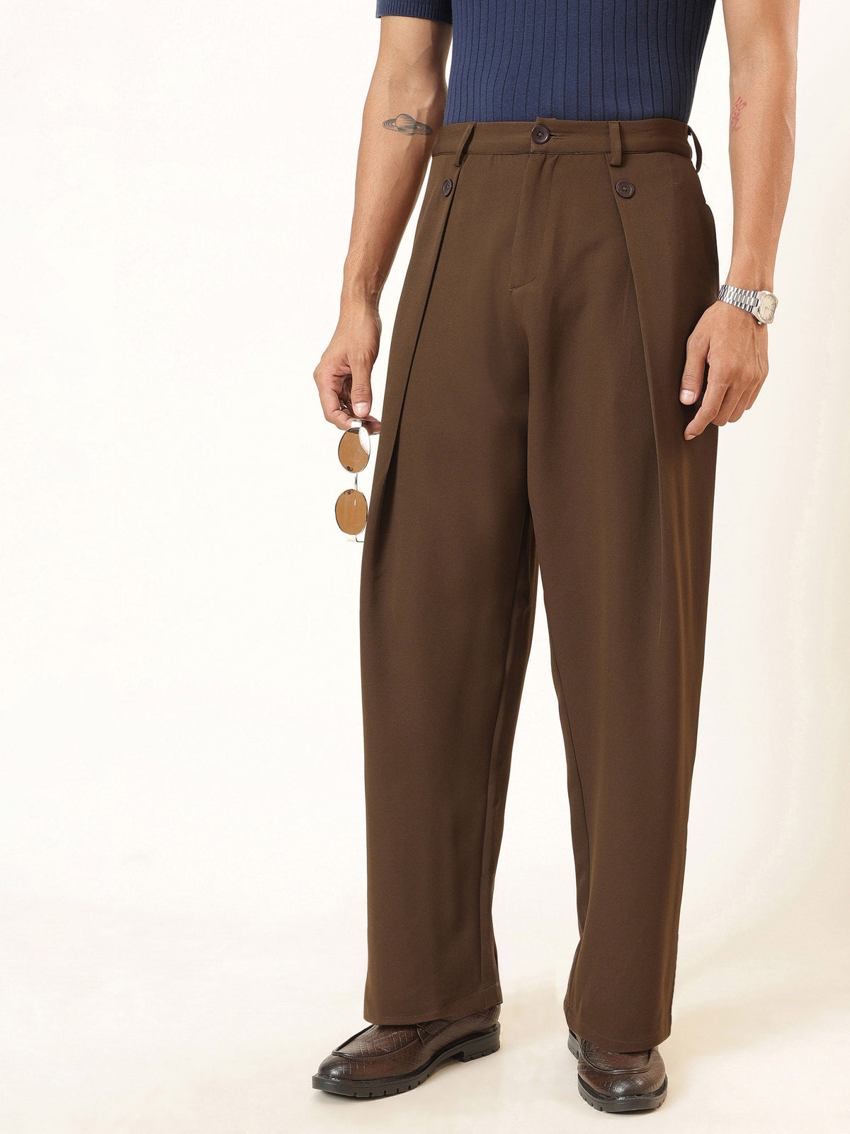 Tan Brown High Waist Button Pleat Hight Waist Korean Pants-MASCLN SASSAFRAS