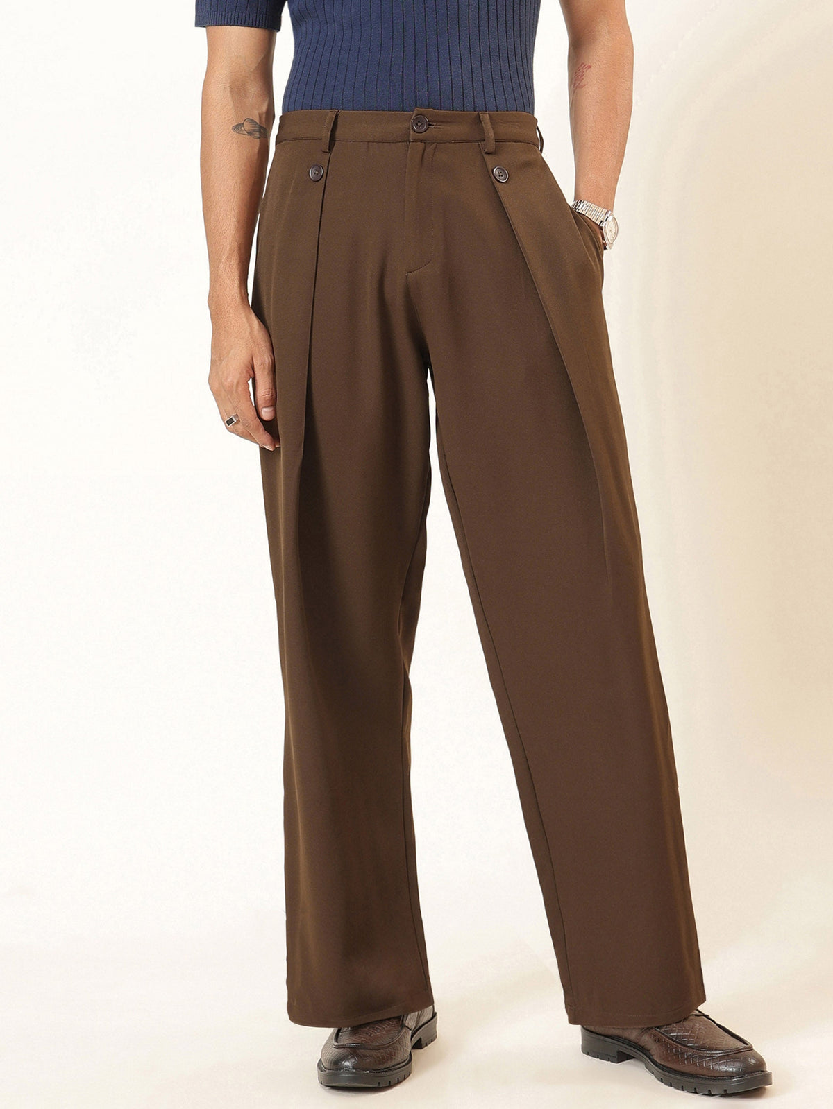 Tan Brown High Waist Button Pleat Hight Waist Korean Pants-MASCLN SASSAFRAS