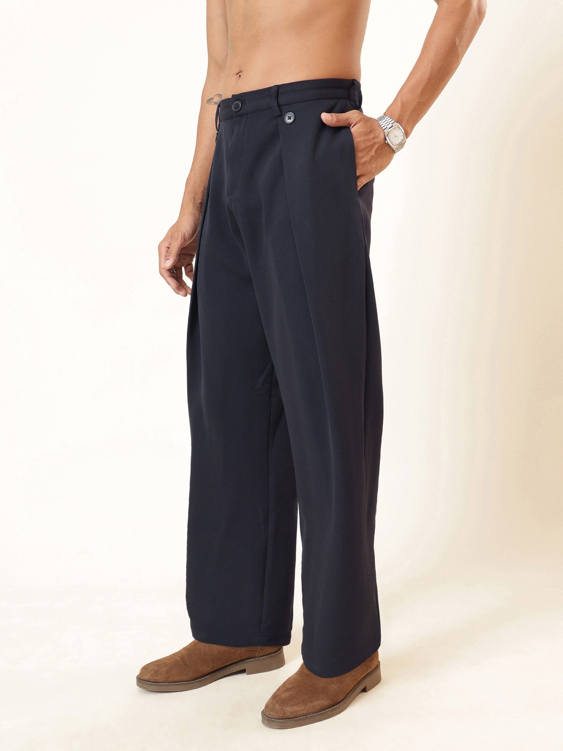 Navy Blue High Waist Button Pleat Hight Waist Korean Pants-MASCLN SASSAFRAS