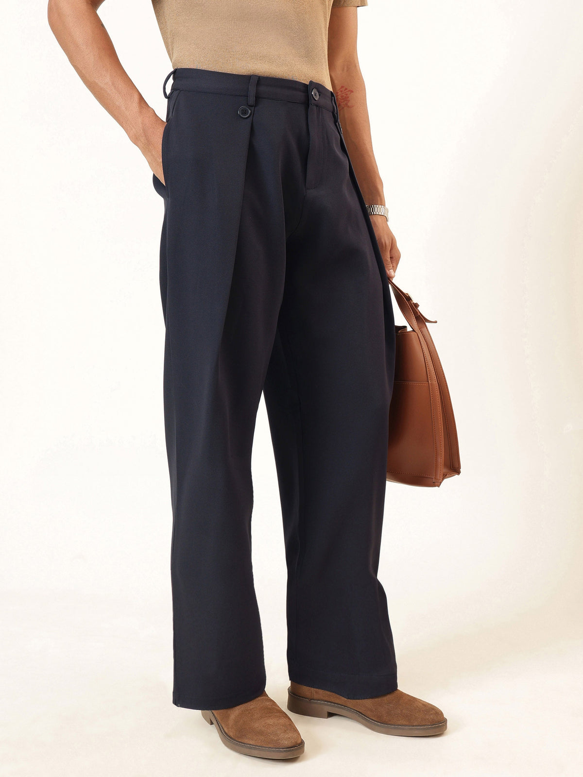 Navy Blue High Waist Button Pleat Hight Waist Korean Pants-MASCLN SASSAFRAS
