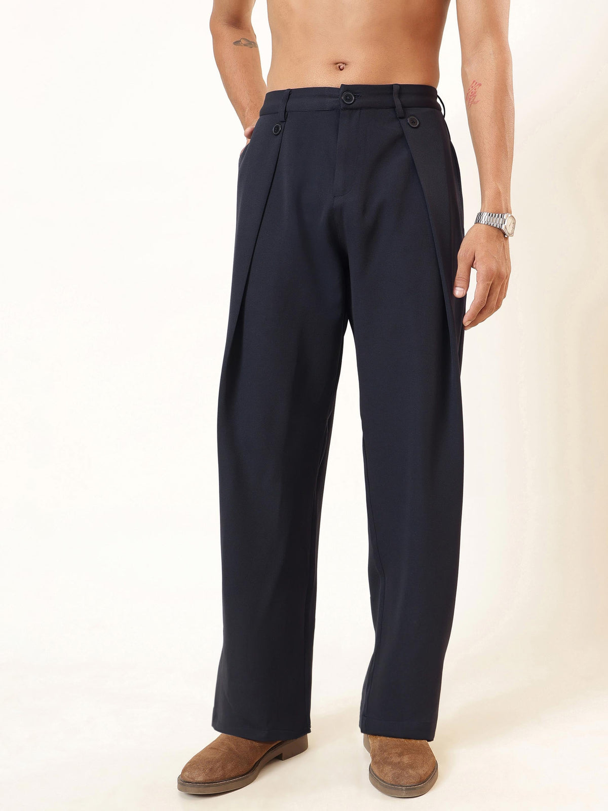 Navy Blue High Waist Button Pleat Hight Waist Korean Pants-MASCLN SASSAFRAS
