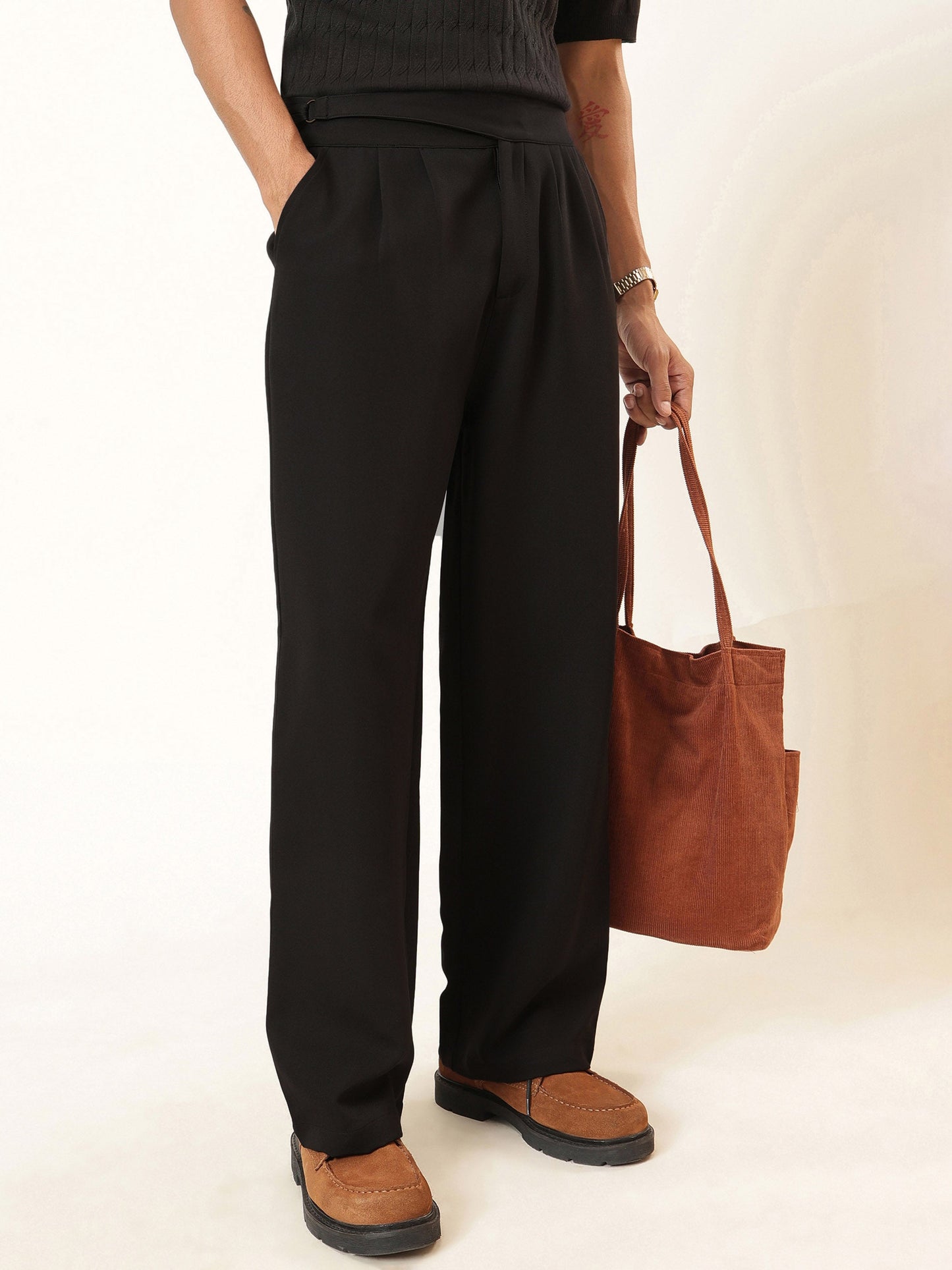 Black Waist Adjuster High Waist Korean Pants-MASCLN SASSAFRAS