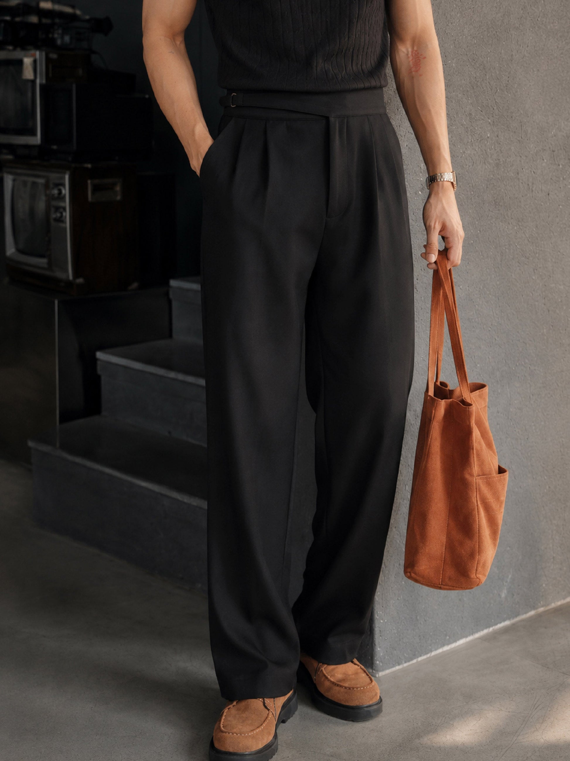Black Waist Adjuster High Waist Korean Pants-MASCLN SASSAFRAS