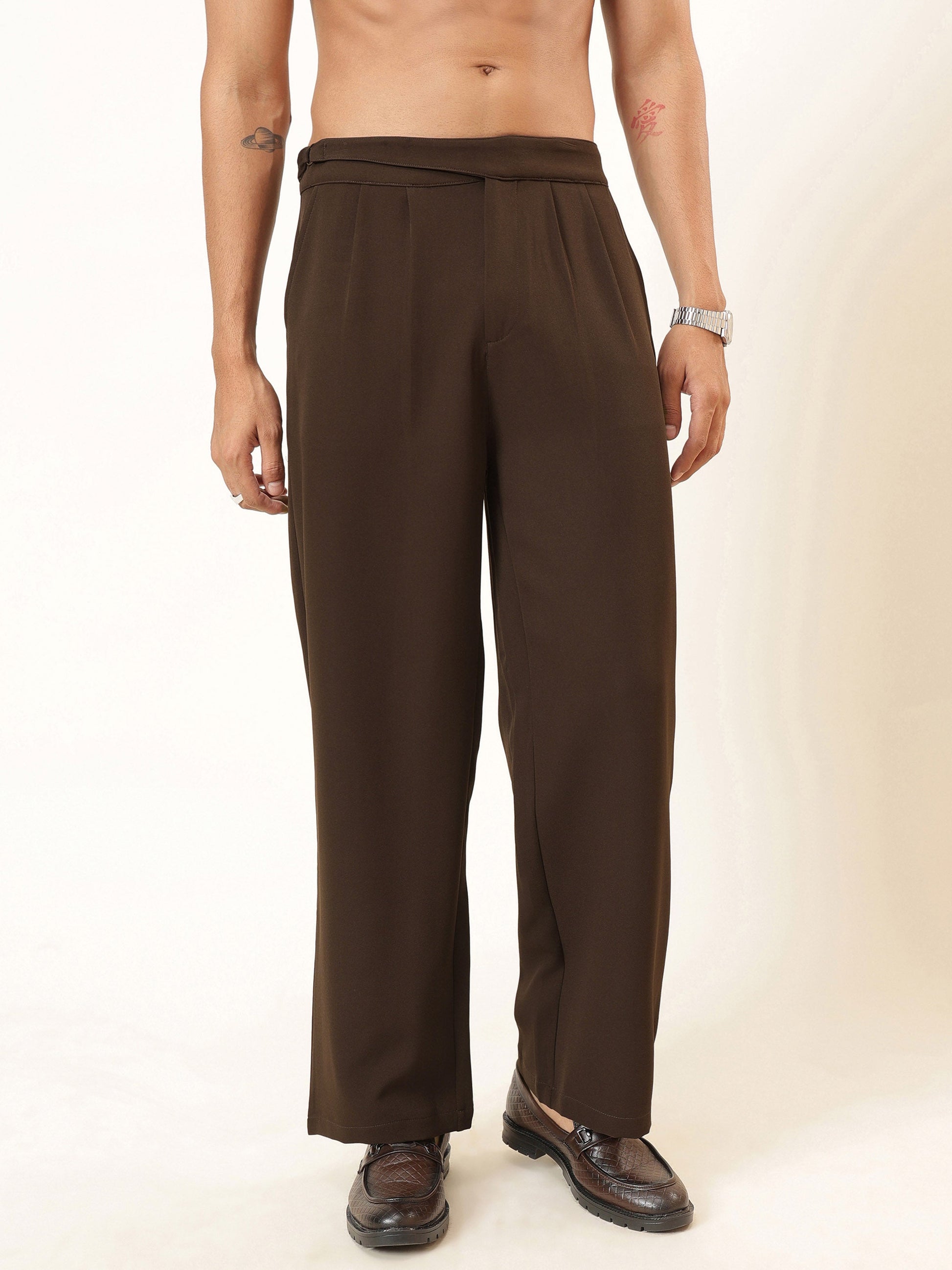 Coco Brown Waist Adjuster Korean Pants-MASCLN SASSAFRAS
