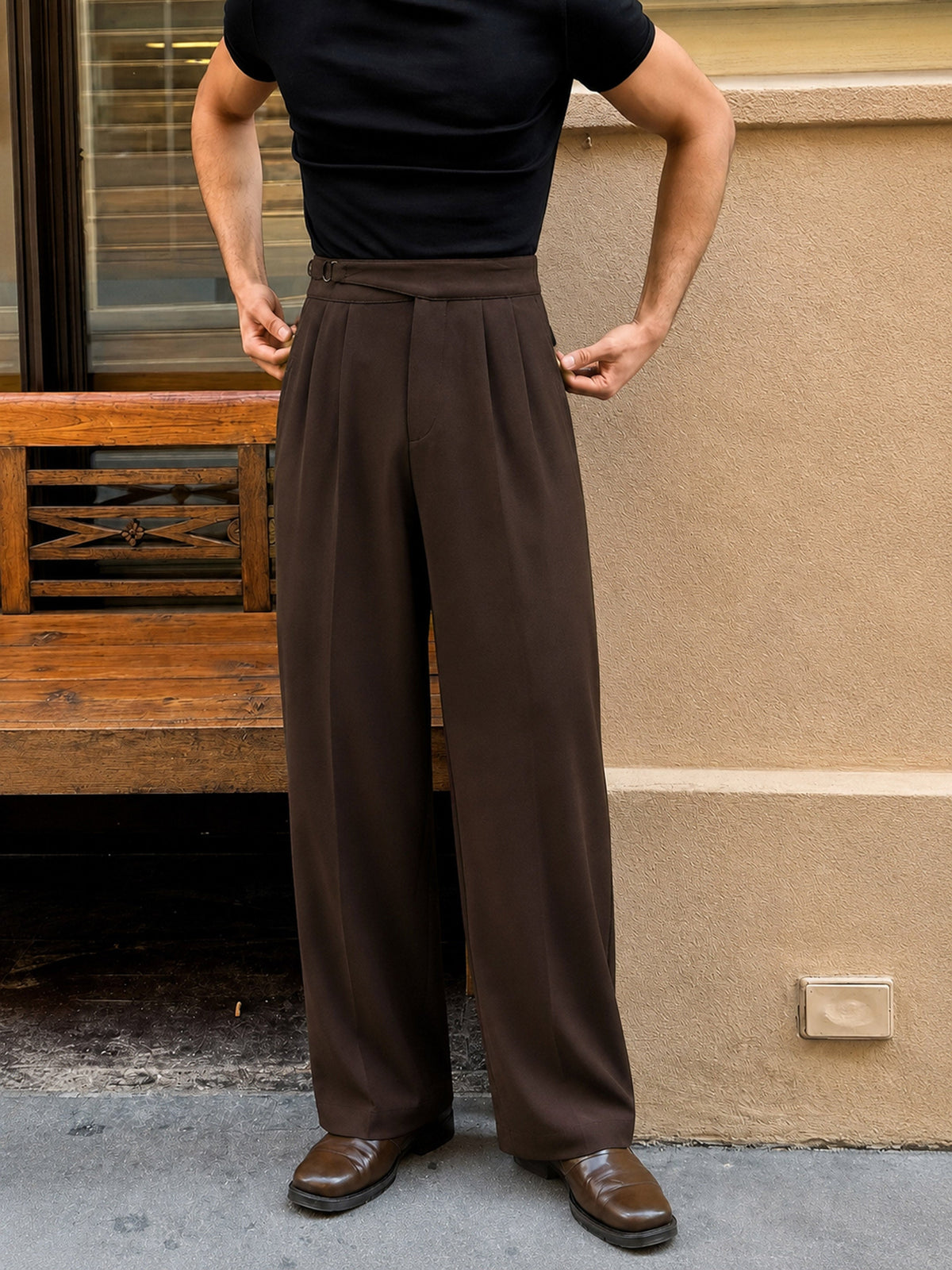 Coco Brown Waist Adjuster Korean Pants-MASCLN SASSAFRAS