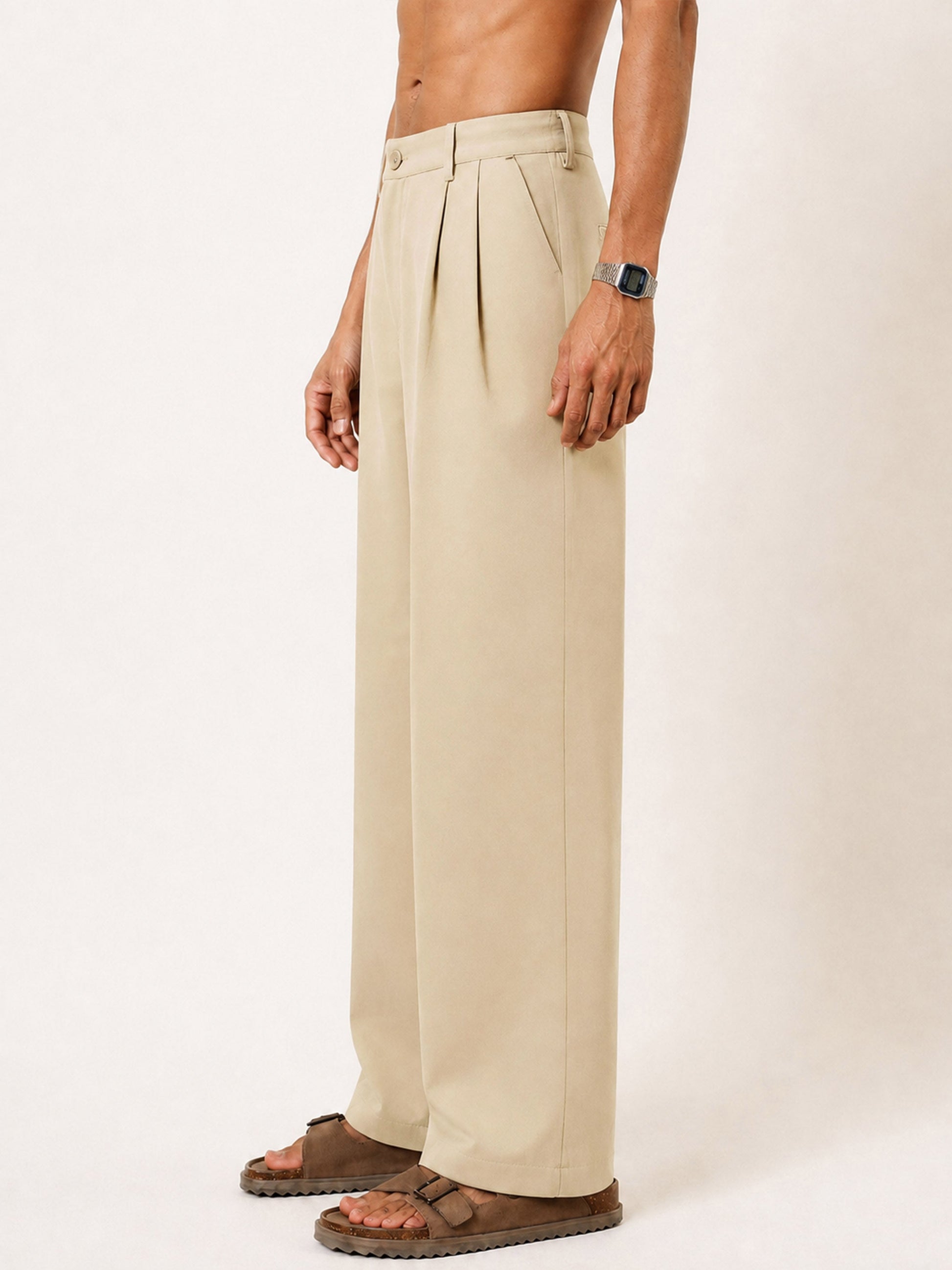 Beige Slant Pocket Double-Pleated Basic Korean Pants-MASCLN SASSAFRAS