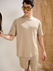 Men Olive Waffle Front Pocket Oversize T-Shirt With Shorts