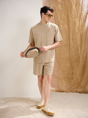 Men Olive Waffle Front Pocket Oversize T-Shirt With Shorts