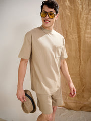 Men Olive Waffle Front Pocket Oversize T-Shirt With Shorts