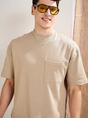 Men Olive Waffle Front Pocket Oversize T-Shirt With Shorts