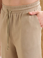 Men Olive Waffle Front Pocket Oversize T-Shirt With Shorts