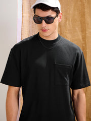 Men Black Waffle Front Pocket Oversize T-Shirt With Shorts