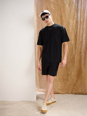 Men Black Waffle Front Pocket Oversize T-Shirt With Shorts