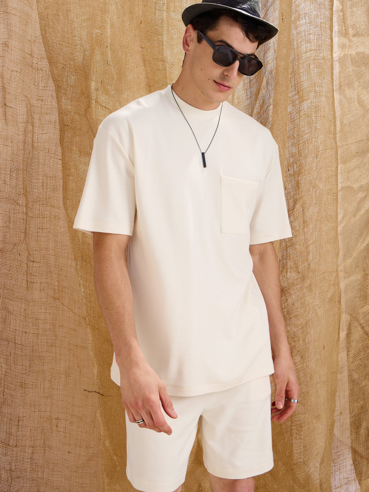 Men White Waffle Front Pocket Oversize T-Shirt With Shorts