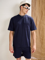 Men Navy Waffle Front Pocket Oversize T-Shirt With Shorts