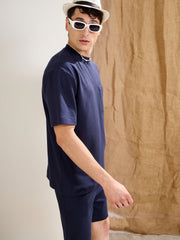 Men Navy Waffle Front Pocket Oversize T-Shirt With Shorts