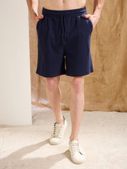 Men Navy Waffle Front Pocket Oversize T-Shirt With Shorts
