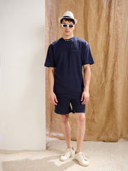 Men Navy Waffle Front Pocket Oversize T-Shirt With Shorts