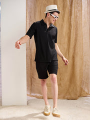 Men Black Textured Relax Fit Polo T-Shirt With Shorts