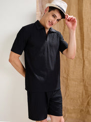 Men Black Textured Relax Fit Polo T-Shirt With Shorts