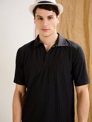 Men Black Textured Relax Fit Polo T-Shirt With Shorts