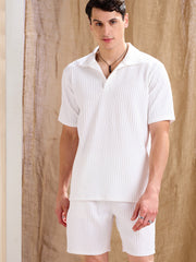 Men White Textured Relax Fit Polo T-Shirt With Shorts