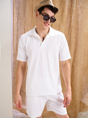 Men White Textured Relax Fit Polo T-Shirt With Shorts