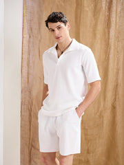 Men White Textured Relax Fit Polo T-Shirt With Shorts