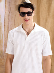 Men White Textured Relax Fit Polo T-Shirt With Shorts
