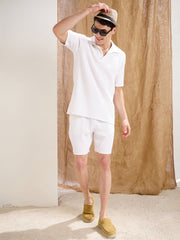 Men White Textured Relax Fit Polo T-Shirt With Shorts