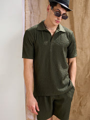 Men Olive Textured Relax Fit Polo T-Shirt With Shorts