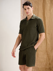 Men Olive Textured Relax Fit Polo T-Shirt With Shorts