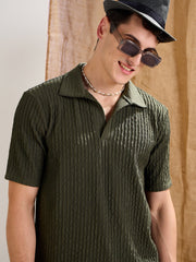 Men Olive Textured Relax Fit Polo T-Shirt With Shorts
