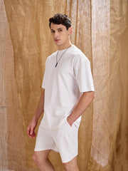 Men White Waffle Oversize T-Shirt With Shorts