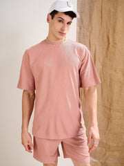 Men Pink Waffle Oversize T-Shirt With Shorts