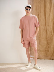 Men Pink Waffle Oversize T-Shirt With Shorts