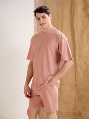 Men Pink Waffle Oversize T-Shirt With Shorts