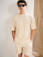 Men Beige Waffle Oversize T-Shirt With Shorts